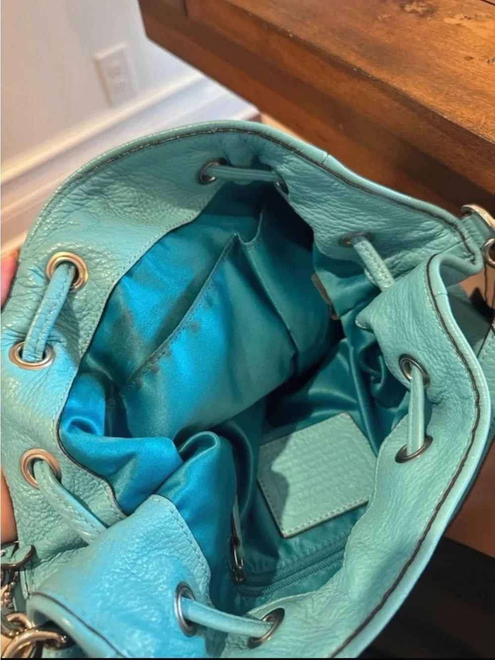 COACH Turquoise Drawstring Leather Bucket Bag